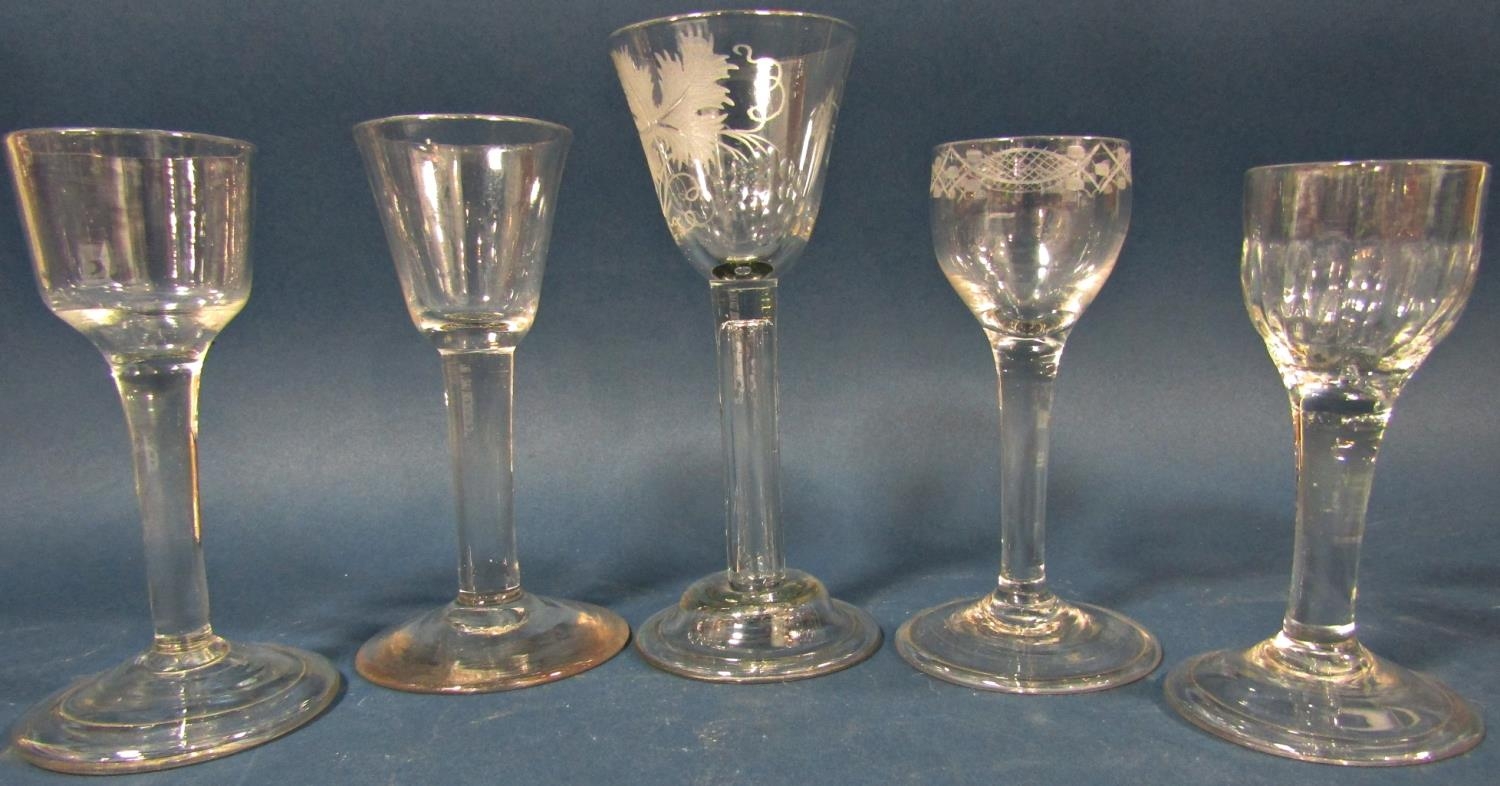 Six Georgian solid stemmed wine glasses of varying design. 6