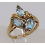 9ct marquise-cut aquamarine and diamond dress ring, size N/O, 3.4g