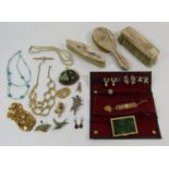 Collection of costume jewellery to include a pair of Bulgari style earrings, gold plated shield fob,