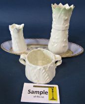 Two Doulton figures, Summer's Day and Hilary, a Belleek vase with crown top, two Worcester leaf