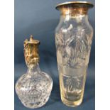An early 20th century engraved glass claret jug with a silver plated collar and handle, 27cm high,