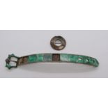 Victorian white metal bracelet in the form of a belt and buckle set with malachite panels, plus a