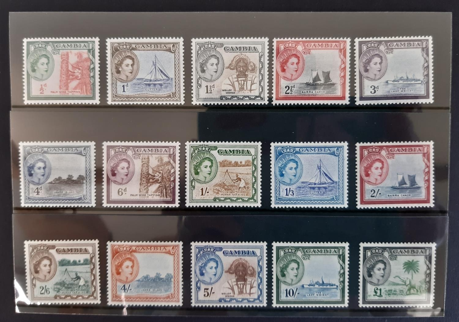 Gambia 1953 QEII definitive set SG 171-185 VLMM to 1/3s then UM high values SG cat £110.