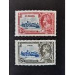 1935 Silver Jubilee Fiji SG 243f MM and St Helena SG 124f LMM both showing the ‘diagonal line by