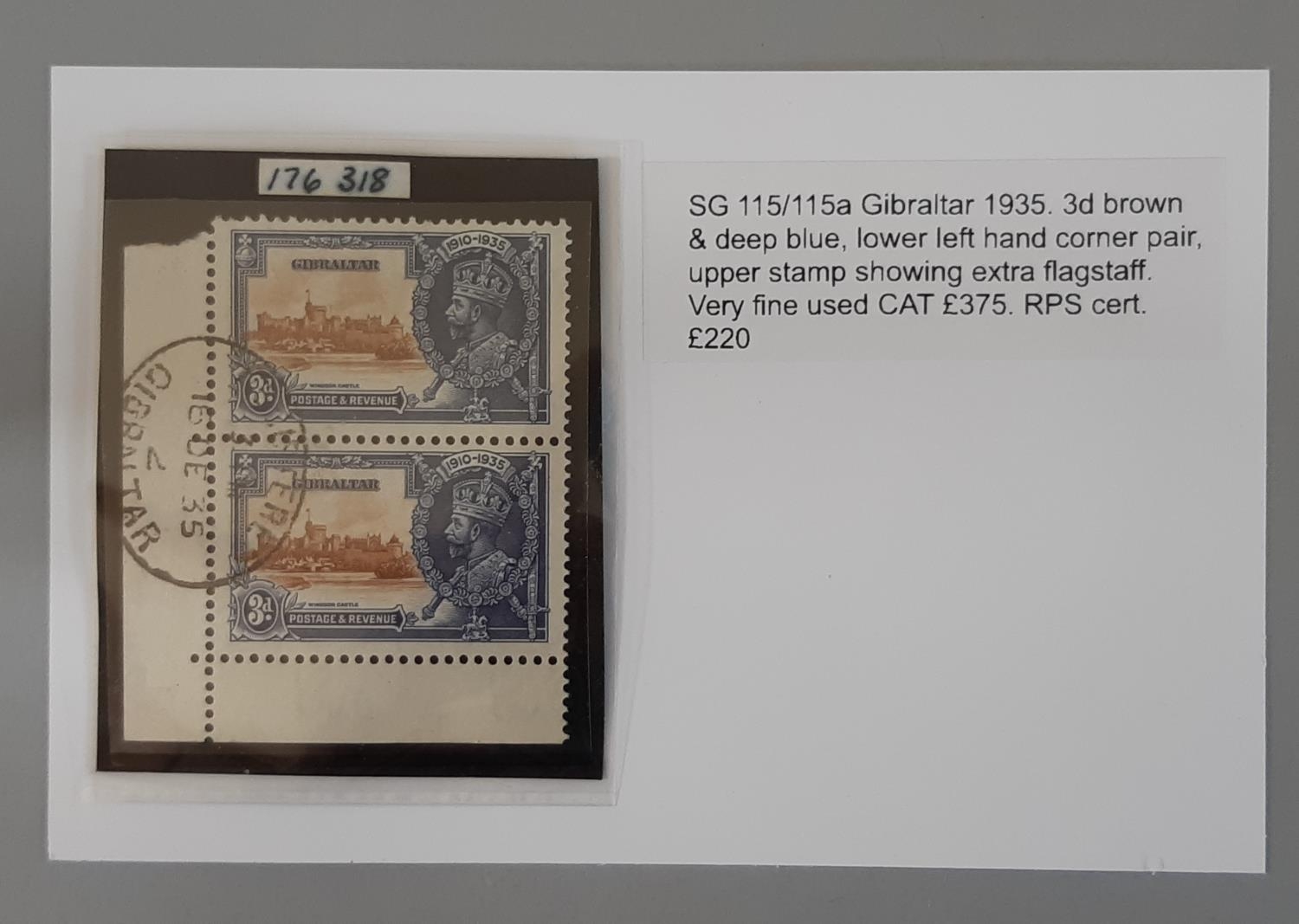 Gibraltar 1935 Silver Jubilee SG 115/115a VFU, lower left hand corner pair, upper stamp showing - Image 2 of 6