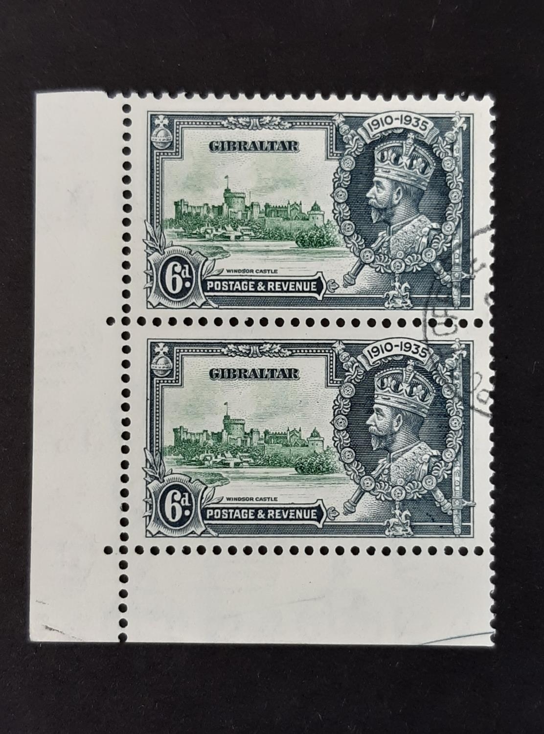 Gibraltar 1935 Silver Jubilee SG 116/116a VFU, lower left hand corner pair, upper stamp showing