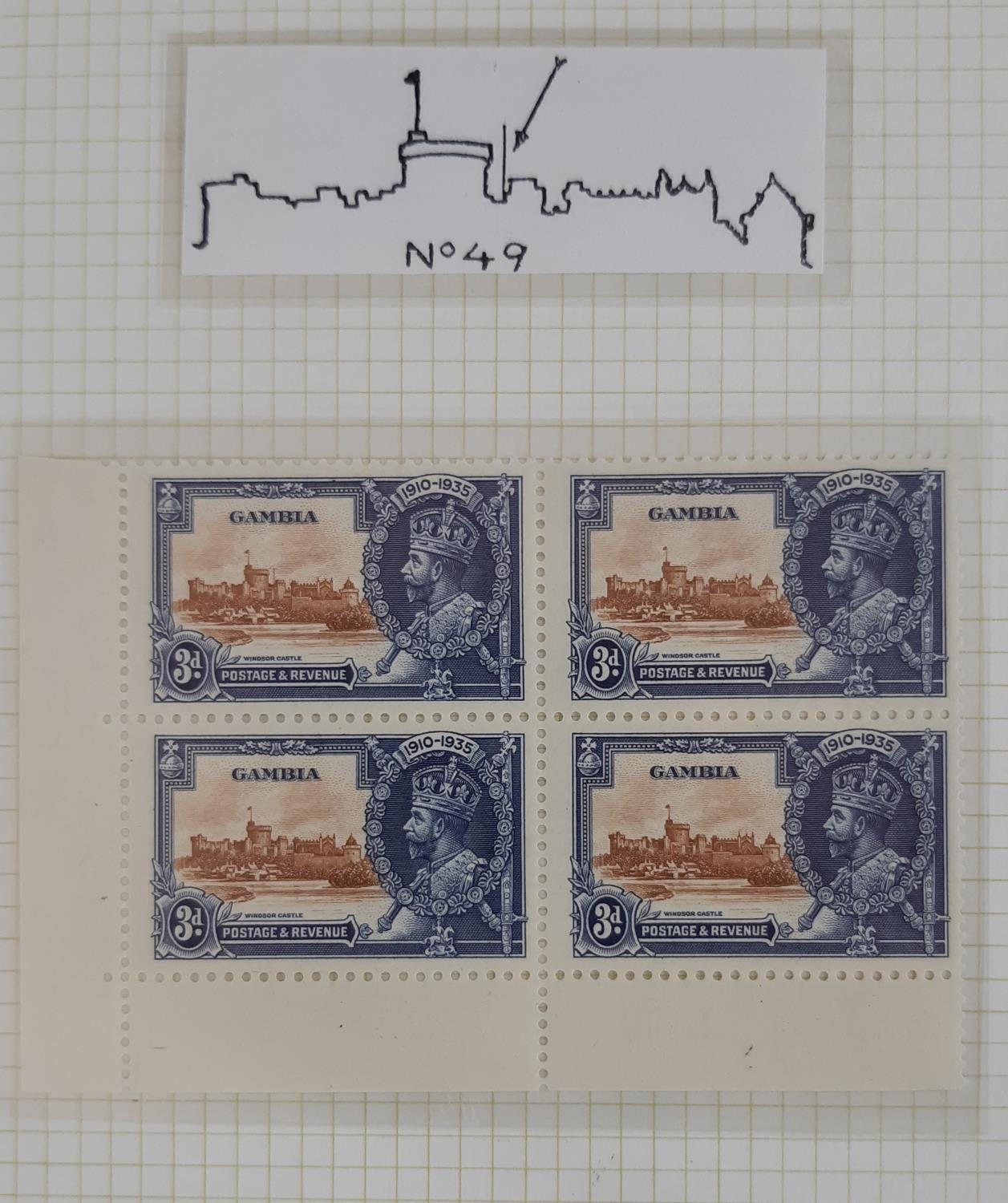 Gambia 1935 Silver Jubilee set complete in positional fourblocks each showing the ‘extra - Image 2 of 10