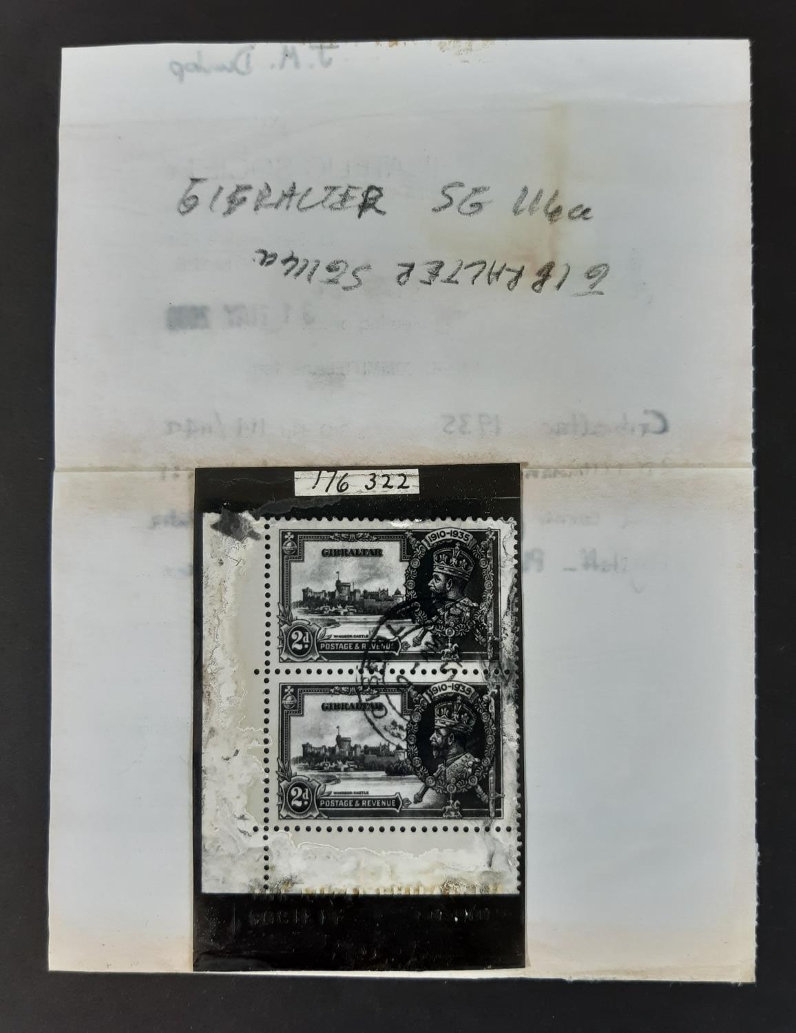 Gibraltar 1935 Silver Jubilee SG 114/114a VFU, lower left hand corner pair, upper stamp showing - Image 6 of 6