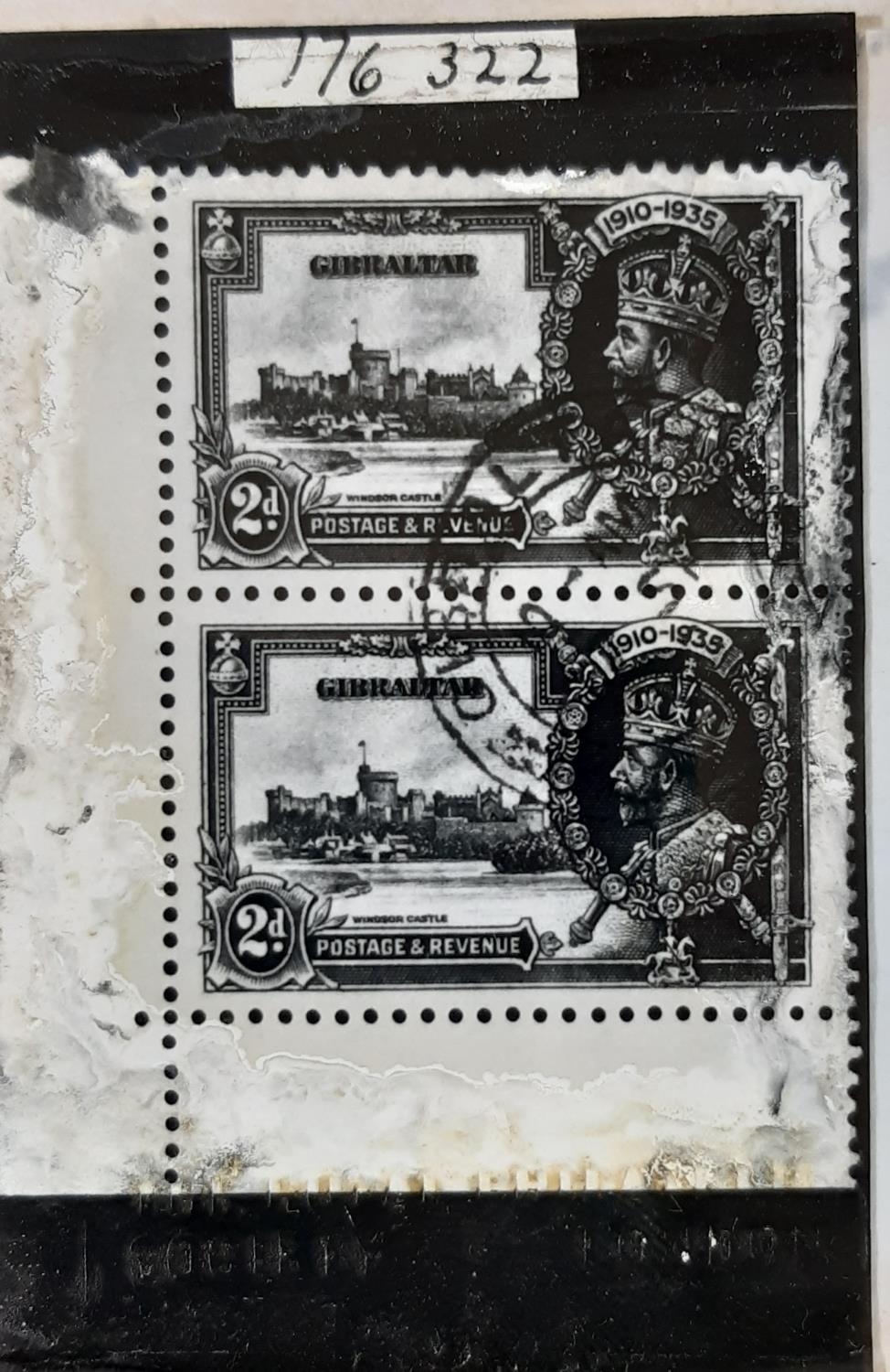 Gibraltar 1935 Silver Jubilee SG 114/114a VFU, lower left hand corner pair, upper stamp showing