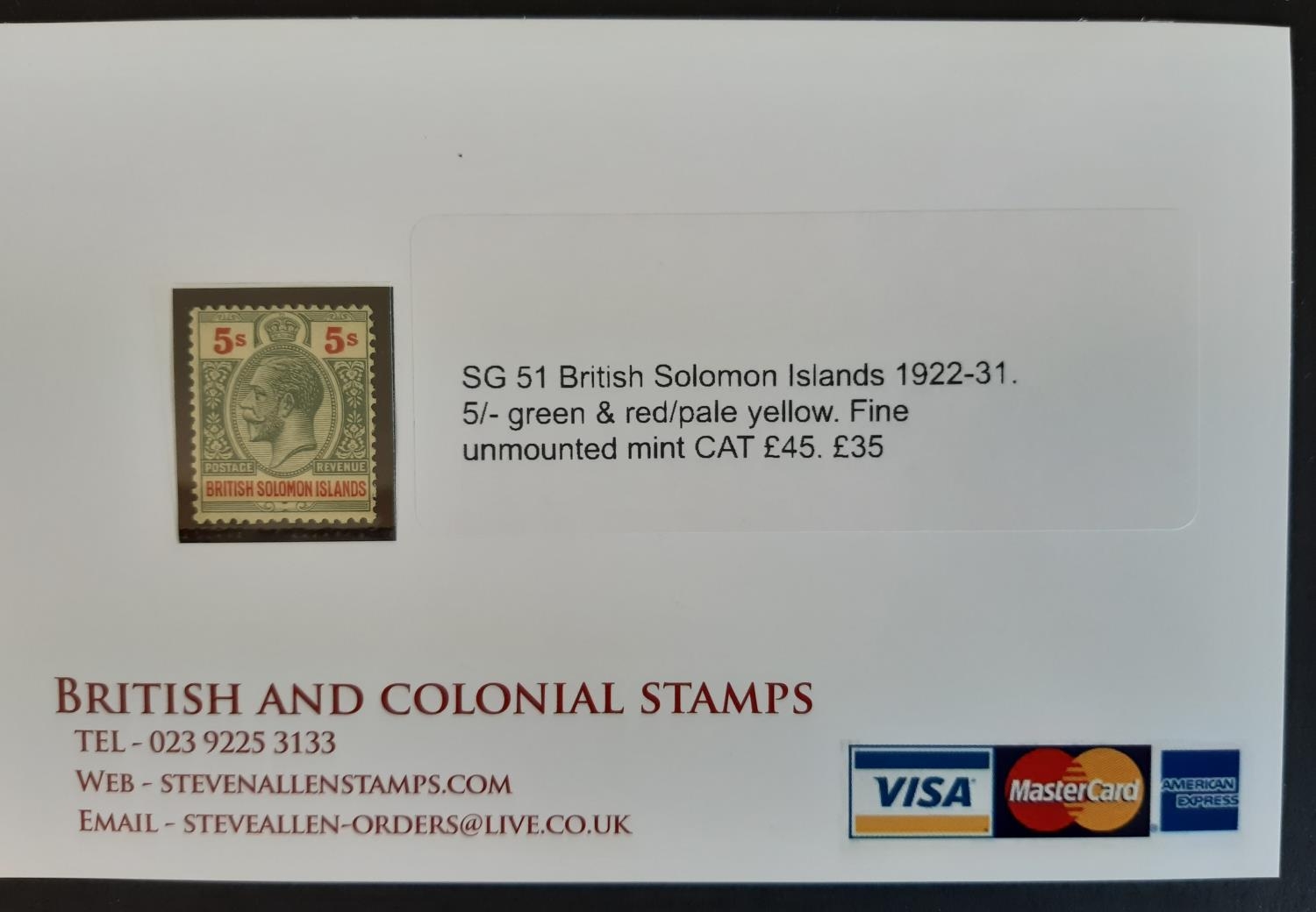 1922-31 British Solomon Islands SG 51 UM KGV 5/- green & red/pale yellow SG cat £40. - Image 3 of 3