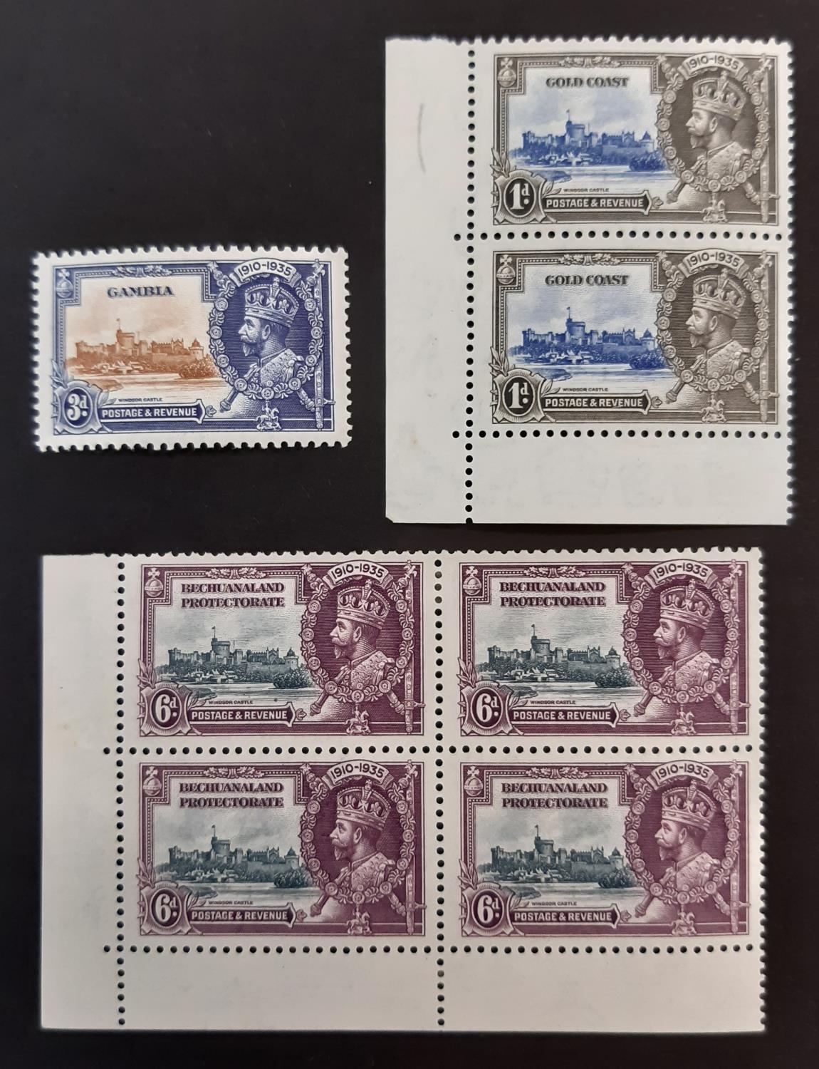 1935 Silver Jubilee Bechuanaland SG 114/114a MM block of four, Gold coast SG113/113a UM and Gambia