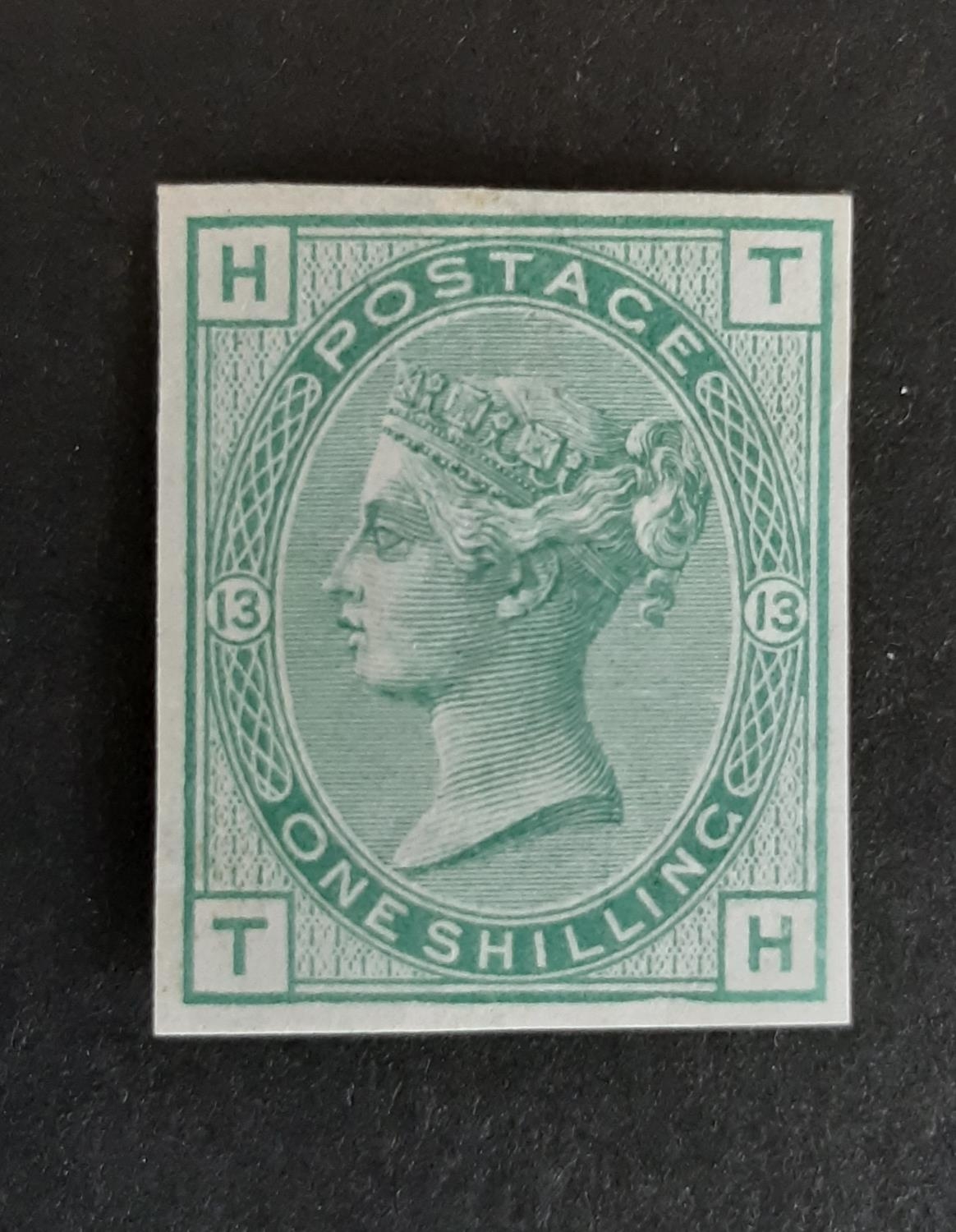 1873-80 QV SG150 1/- green pl13 Imprimatur. Only 21 examples taken from the sheet – this one