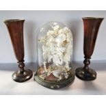 A wedding floral table arrangement in a Victorian glass display dome 32cm high approx, and a pair of