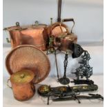 A 19th century copper wall mounted Bain Marie , a copper kettle, copper bed warmer, a copper and