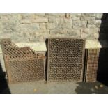 A pair of antique cast iron grills 60 cm x 78 cm, further matching example (af two pieces), etc