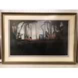 Framed print on canvas of a painting of fawns and nymphs dancing in the forest, 54 x 89 cm
