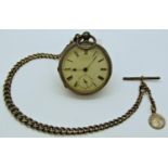 Silver pocket watch, silver chain, T bar and coin fob