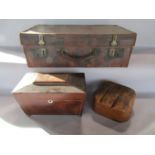 A 19th century sarcophagus tea caddy with converted interior, a vintage suitcase containing a