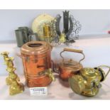 A mixed selection of brass and copper ware, including miners lamp, candlesticks, kettles, coaching