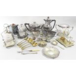 A four piece silver plated tea service, vinaigrette stands, biscuit barrel etc.