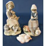 A Copenhagen figure of nestling ducks, two Lladro figures, girl with a puppy and a girl with