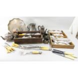 Two wooden cutlery dividers with a quantity of mixed silver plated flatware, a drinks tray and a tea