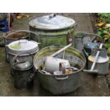 A collection of vintage galvanised ware to include watering cans, buckets, cylindrical lidded