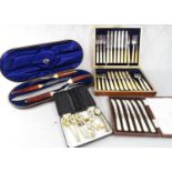 A cased set of Edwardian bone handled carving knives and forks, a canteen of fruit knives and