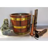 A Lister & Co oak brass banded jardiniere barrel, two copper hunting horns with their original
