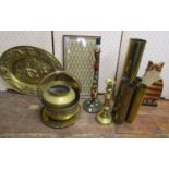 19th century brass jam pan, a pressed brass oval wall plaque, lamp standard with heraldic painted