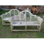 A pair of weathered teak Lutyens style three seat garden benches, 166 cm wide (af)
