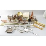 A miscellaneous collection of silver plated and stainless steel tableware including teapots, posy