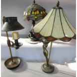 A Tiffany style dragon fly table lamp, an Art Nouveau table lamp with “leaded” glass shade and naked