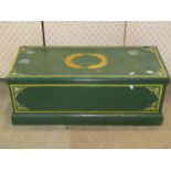 A painted pine box with geometric detail and segmented interior, 83cm L x 36 D x 31 H, together with