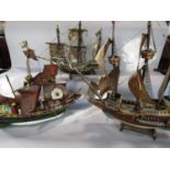 Three wooden models 16th century galleons, all three as found.