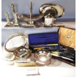 A mixed selection of silver plated items including a bird of paradise filigree fruit bowl, case sets