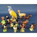 Seven Beswick birds, two Doulton Dickens characters, a Beswick model of a doe, etc