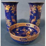 A blue and gilt ground Wilton ware open bowl, further pair of Wilton ware cylindrical vases with