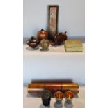 Four pieces of treen, two vases, an apple and a pig, together with a Kashmiri pen tray and brush