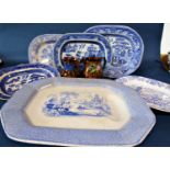 Three Willow pattern meat platters, Asiatic Pheasant meat plate, large 19th century blue and white