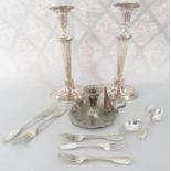 A pair of silver plated Georgian style column candlesticks with removable sconces, 31cm high, a