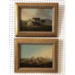 Two oil paintings of cows and sheep in a landscape scene (20th century), with craquelure finish,