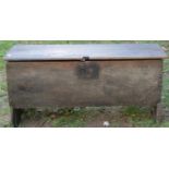 Early boarded coffer with steel lock plate, 106cm long x 32cm deep x 50cm high
