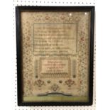 19th century tapestry sampler by Jane Perry, age 12, finished August 20, 1825, with poem above, 32 x