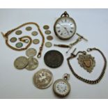 Heavy silver pocket watch, silver chain and fob, small silver fob watch, gold plated chain,