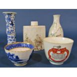A small collection of Chinese porcelains including an oval caddy, saki sleeve vase, etc,