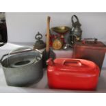 A miscellaneous collection of items including, a red metal PML petrol can , another in a