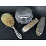 A large cut glass dressing table powder bowl with silver cover, 3.4oz approx, silver backed hair