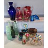 A miscellaneous collection of glass ware, including a cranberry glass vinaigrette set, Bristol