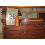 19th century mahogany writing slope, humodor, office calendar, box wood bottle case